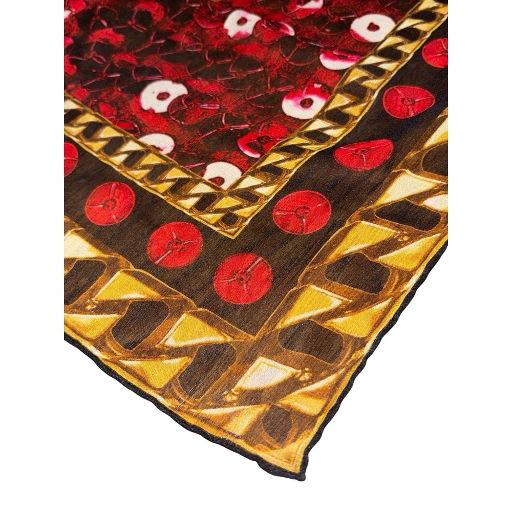 Givenchy Paris Logo Silk Scarf 37x37" Italy Brown & Red Gold Chain Pattern - Picture 7 of 9
